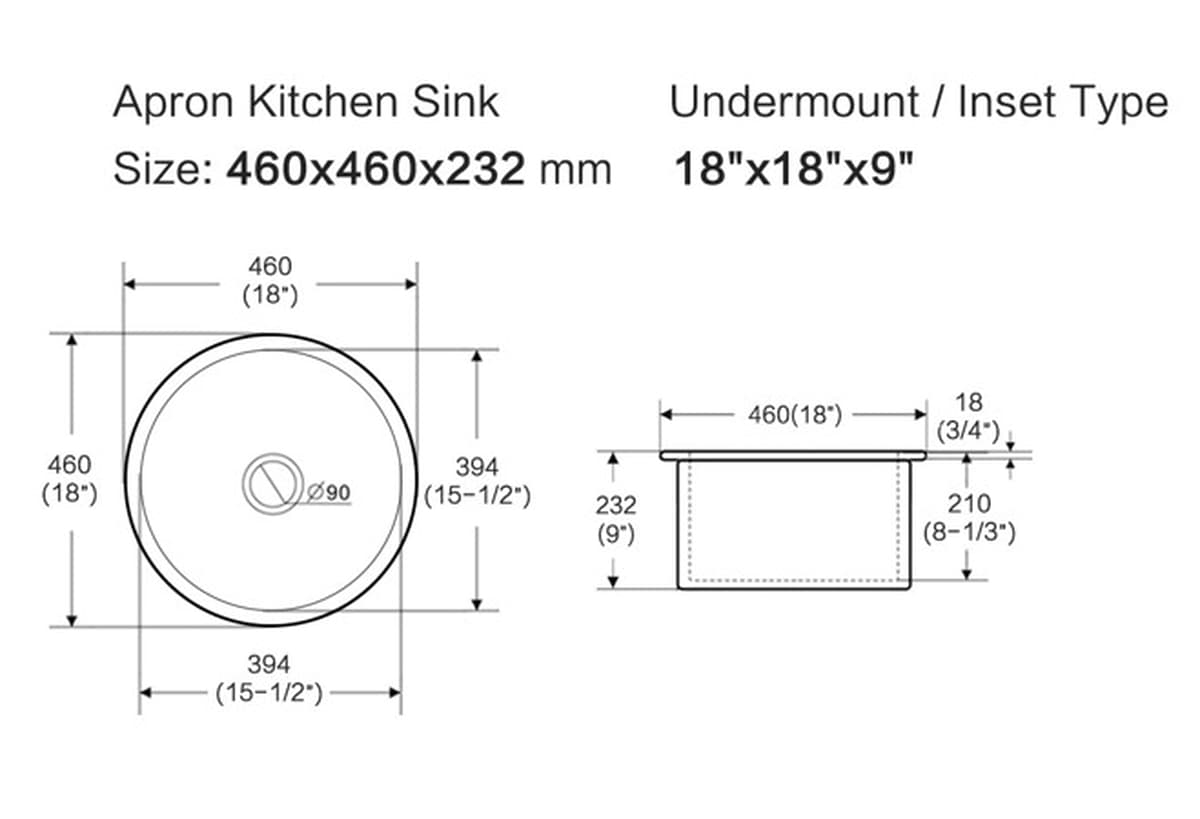 Lukka Elba Fireclay Bar Sink 460x460x232mm, size and installation dimensions diagram