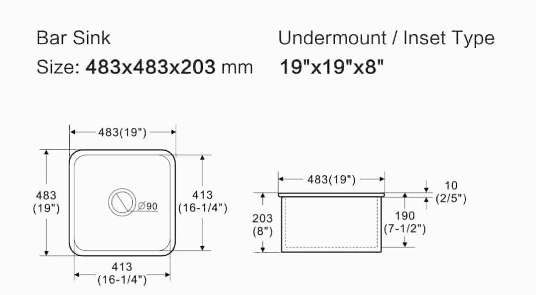Technical drawing with dimensions 483x483x203mm of Lukka Elba fireclay square undermount sink