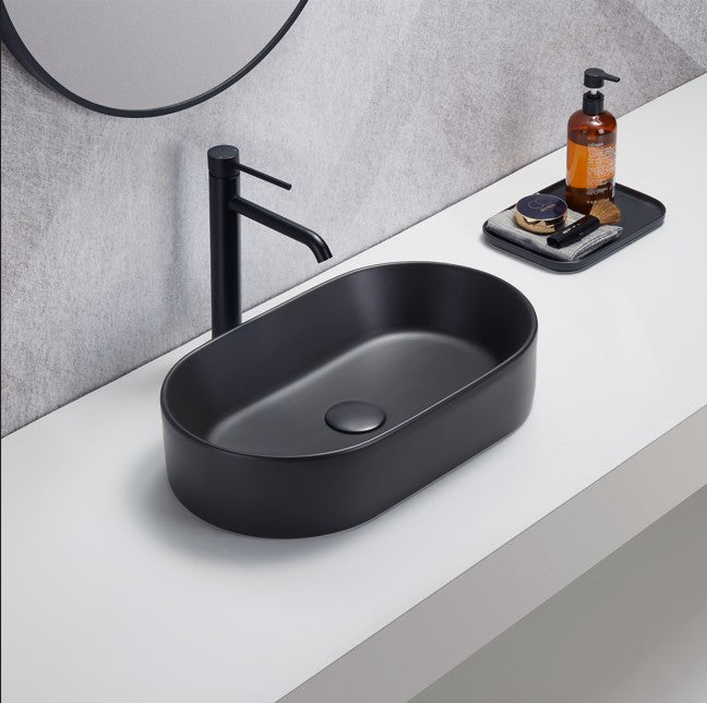 Lukka Ellips 525mm Oval Fine Ceramic Above Counter Basin | Gloss White, Matte White, Matte Black