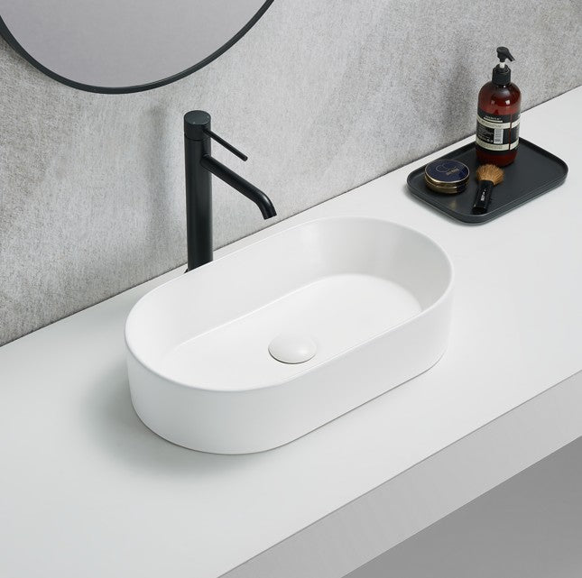 Lukka Ellips 525mm Oval Fine Ceramic Above Counter Basin | Gloss White, Matte White, Matte Black