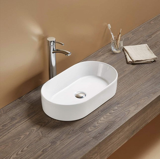 Lukka Ellips 525mm Oval Fine Ceramic Above Counter Basin | Gloss White, Matte White, Matte Black