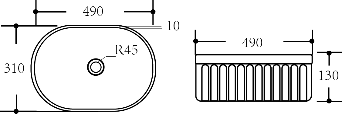 Dimension diagram of Lukka Ellips Fluted Fine Ceramic Above Counter Basin 490×310×130 mm, available in Gloss White, Matt White, and Matt Black finishes, non-overflow