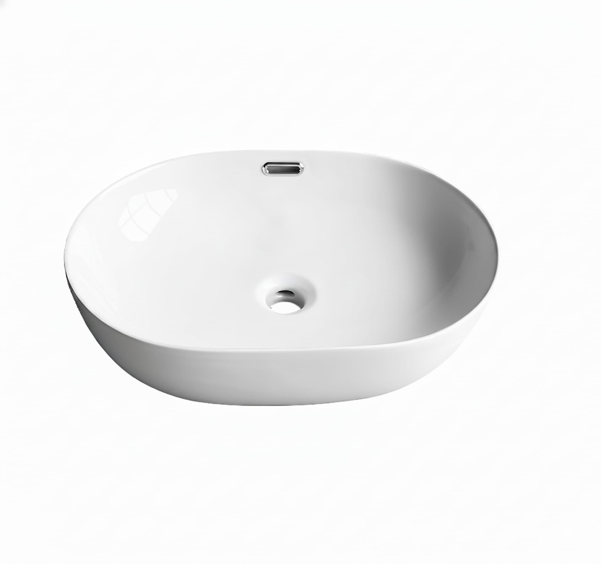 Gloss white oval overflow basin on white background, modern bathroom vanity upgrade