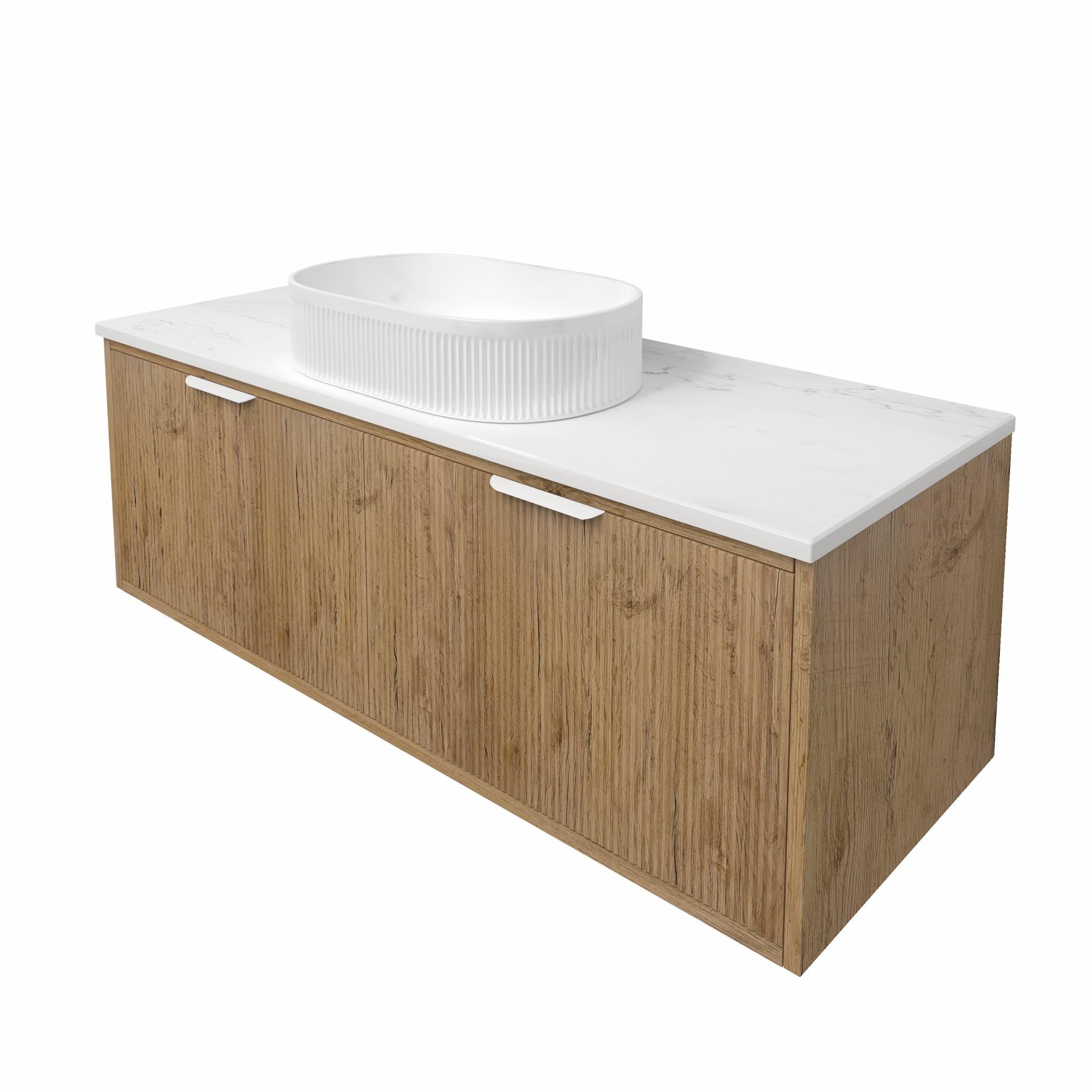 1200mm oak bathroom vanity with white marble top and oval ribbed ceramic basin, modern design