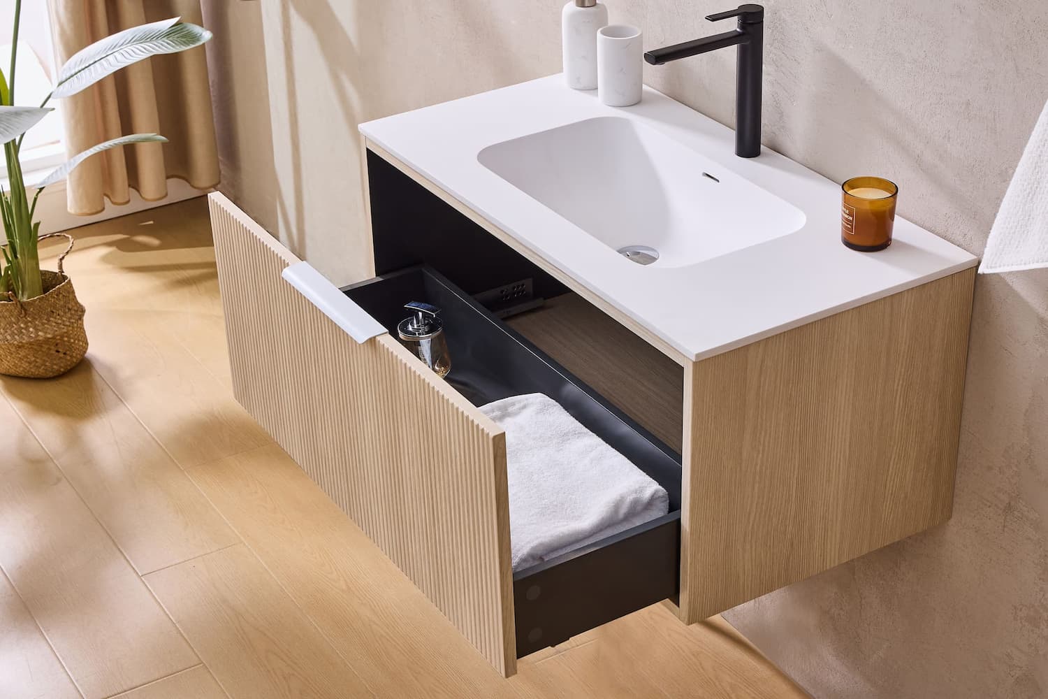 Lukka Kliff Coastal Oak Fluted Wall Hung Bathroom Vanity (600mm - 1500mm)