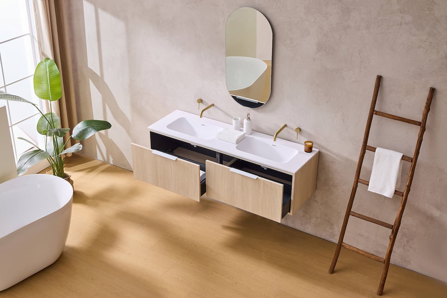 Lukka Kliff Coastal Oak Fluted Wall Hung Bathroom Vanity (600mm - 1500mm)