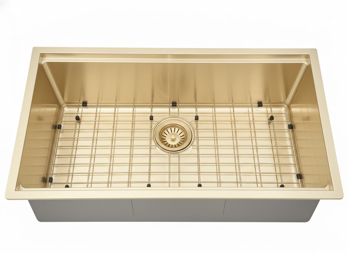 Kliff LK-SSK-810-Brass PVD brushed brass sink with waste and sink grid.