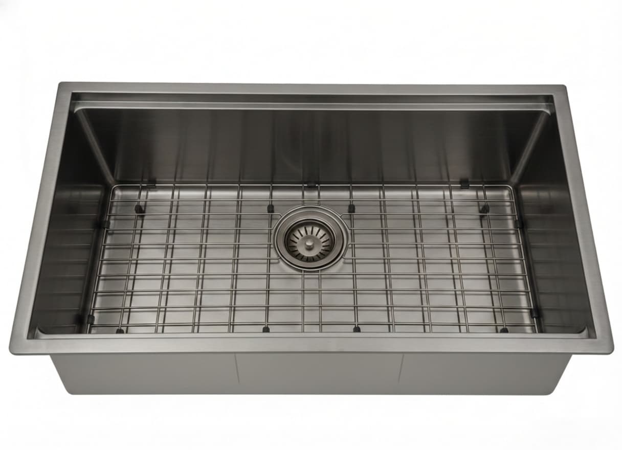 Lukka Kliff LK-SSK-810-GM PVD brushed gun metal sink with waste and sink grid.