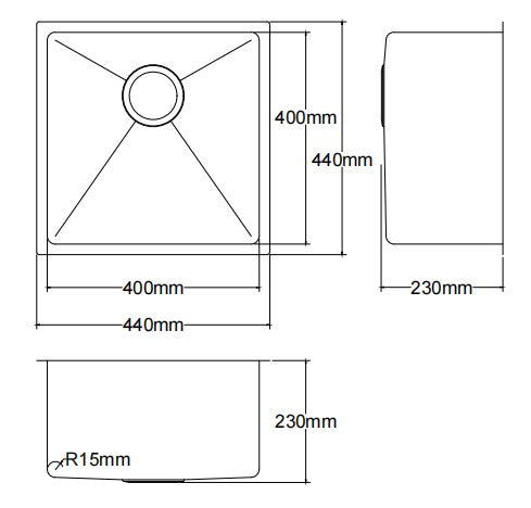 Technical line drawing showing 440x440x230mm dimensions for Kliff LK-SSK40 sink.