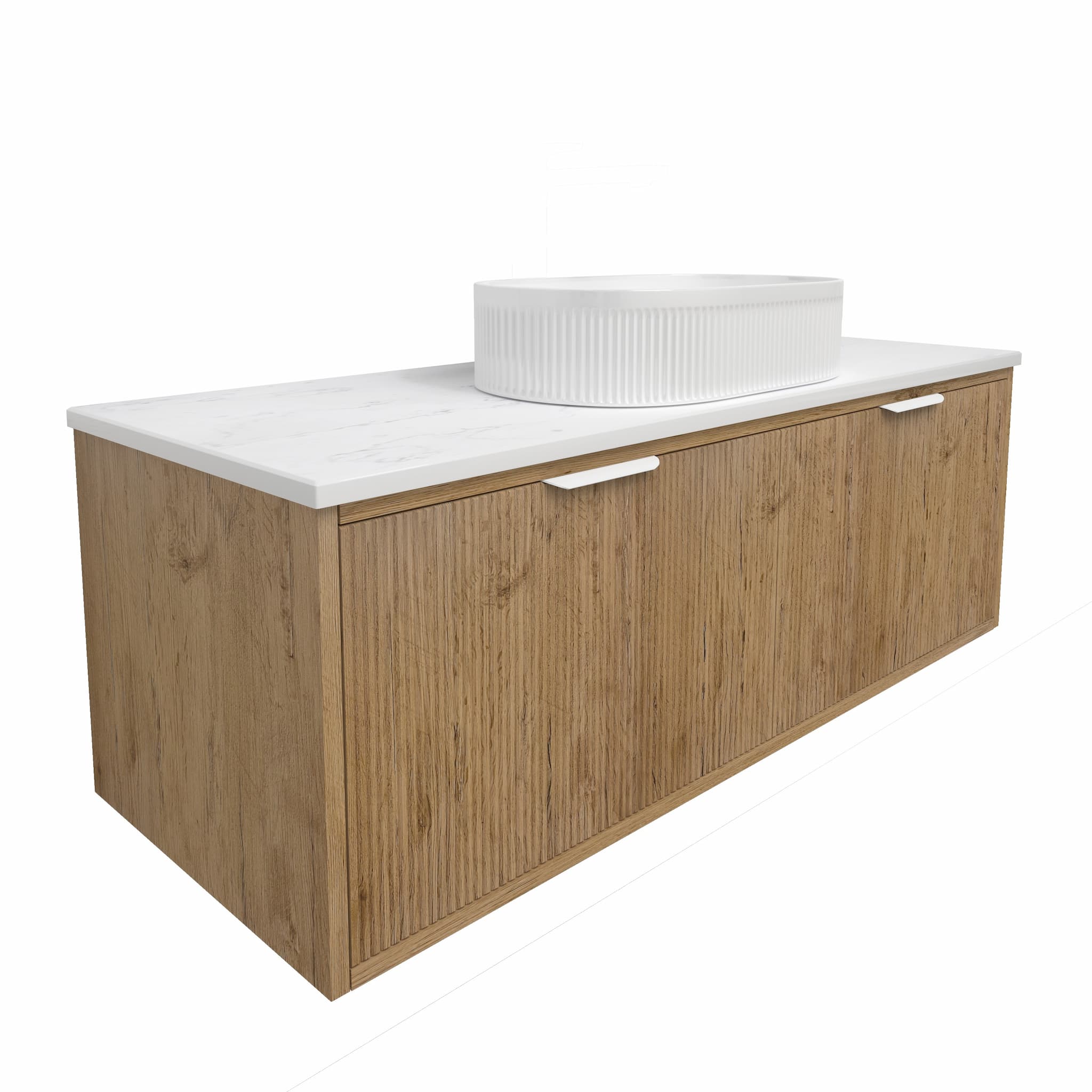 Modern oak bathroom vanity with marble top and white basin, Secasa Home Australia