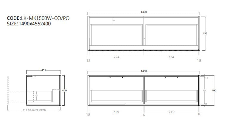 Lukka Kliff Oak 1500mm double bathroom vanity technical drawing with dimensions, Secasa Home