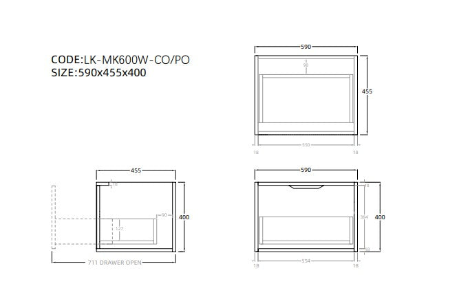 Lukka Kliff Oak 600mm vanity technical dimensions, bathroom vanity diagram, Secasa Home