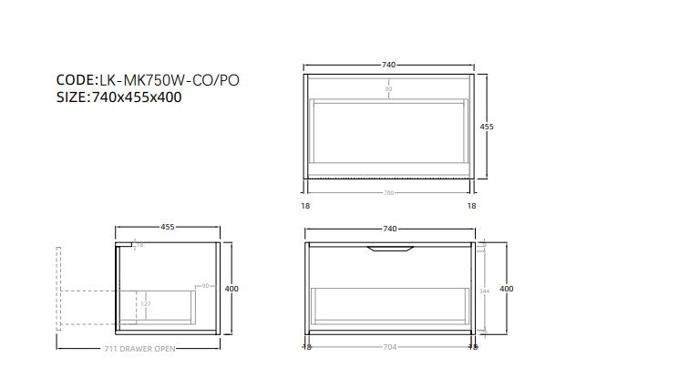 Lukka Kliff Oak 750mm vanity specifications diagram with detailed measurements, Secasa Home