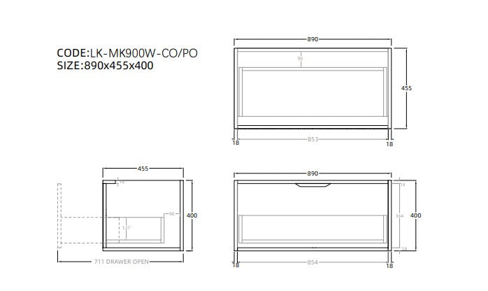 Lukka Kliff Oak 900mm bathroom vanity size guide with detailed measurements and dimensions.