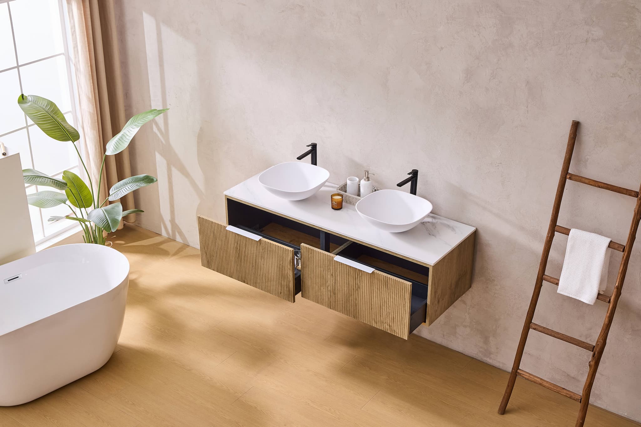 Modern bathroom with oak double vanity, dual vessel sinks, freestanding bath, and decorative ladder