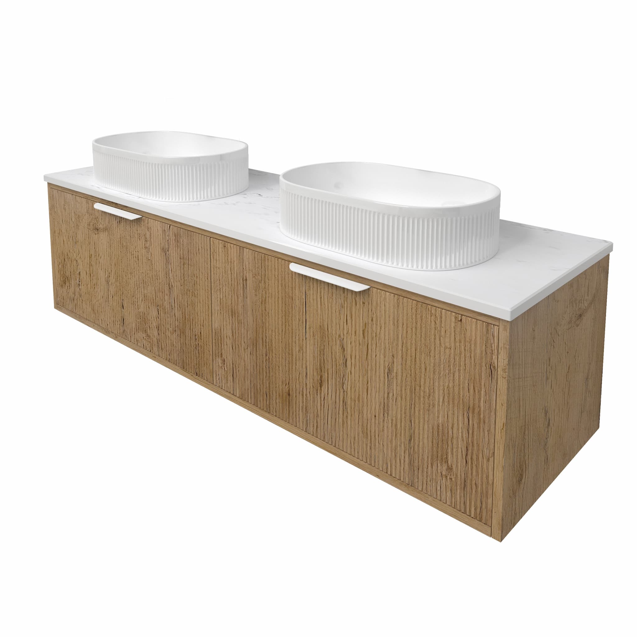 Modern oak double bathroom vanity with white countertop and dual vessel basins