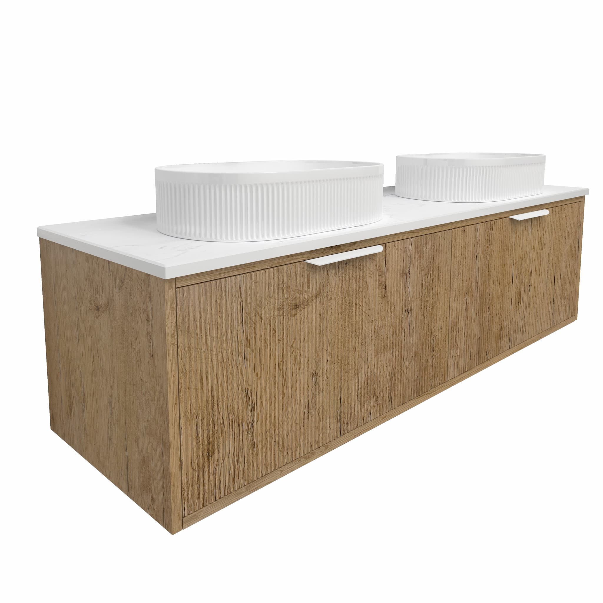 Modern oak double bathroom vanity with white countertop and twin basins, Secasa Home