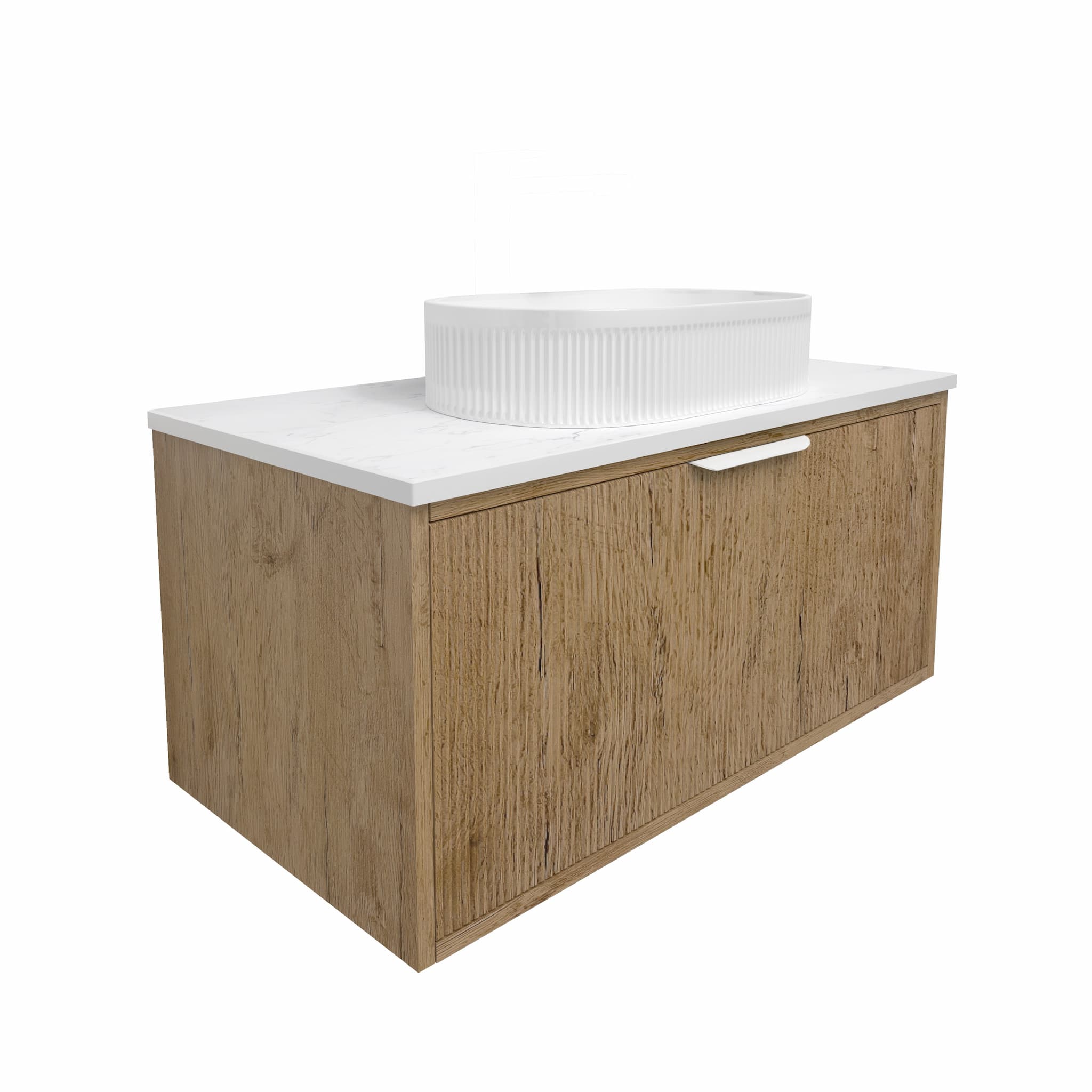 Modern oak bathroom vanity with fluted white basin, left side angle, Secasa Home style
