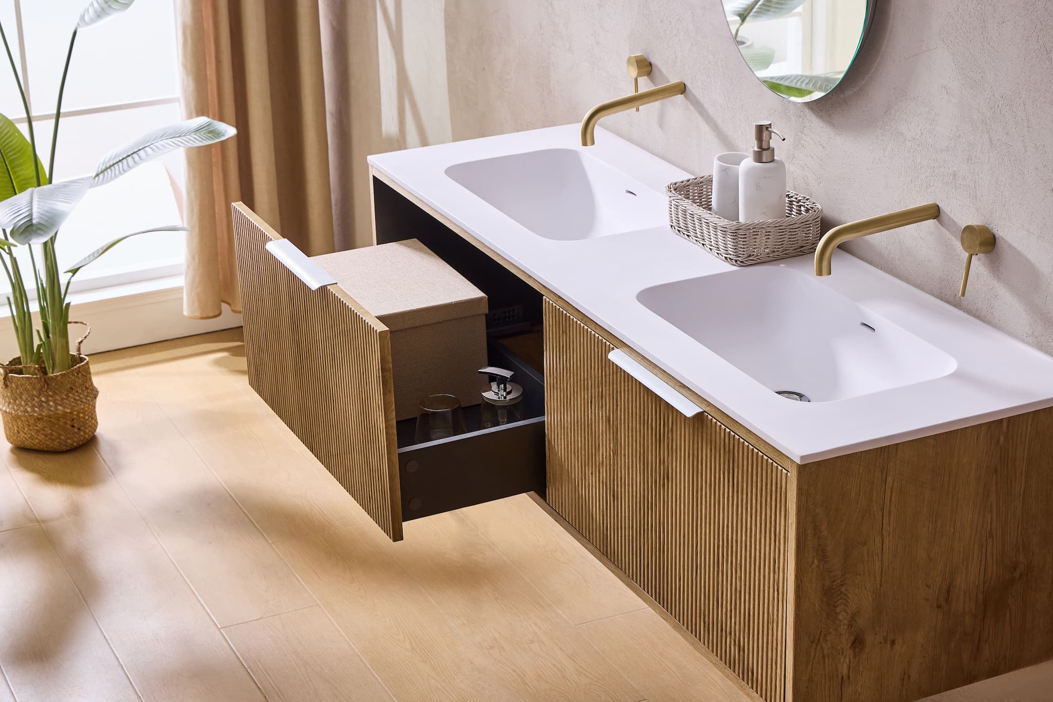 Modern oak double bathroom vanity with open drawer, dual sinks, brass taps, and storage, Secasa Home