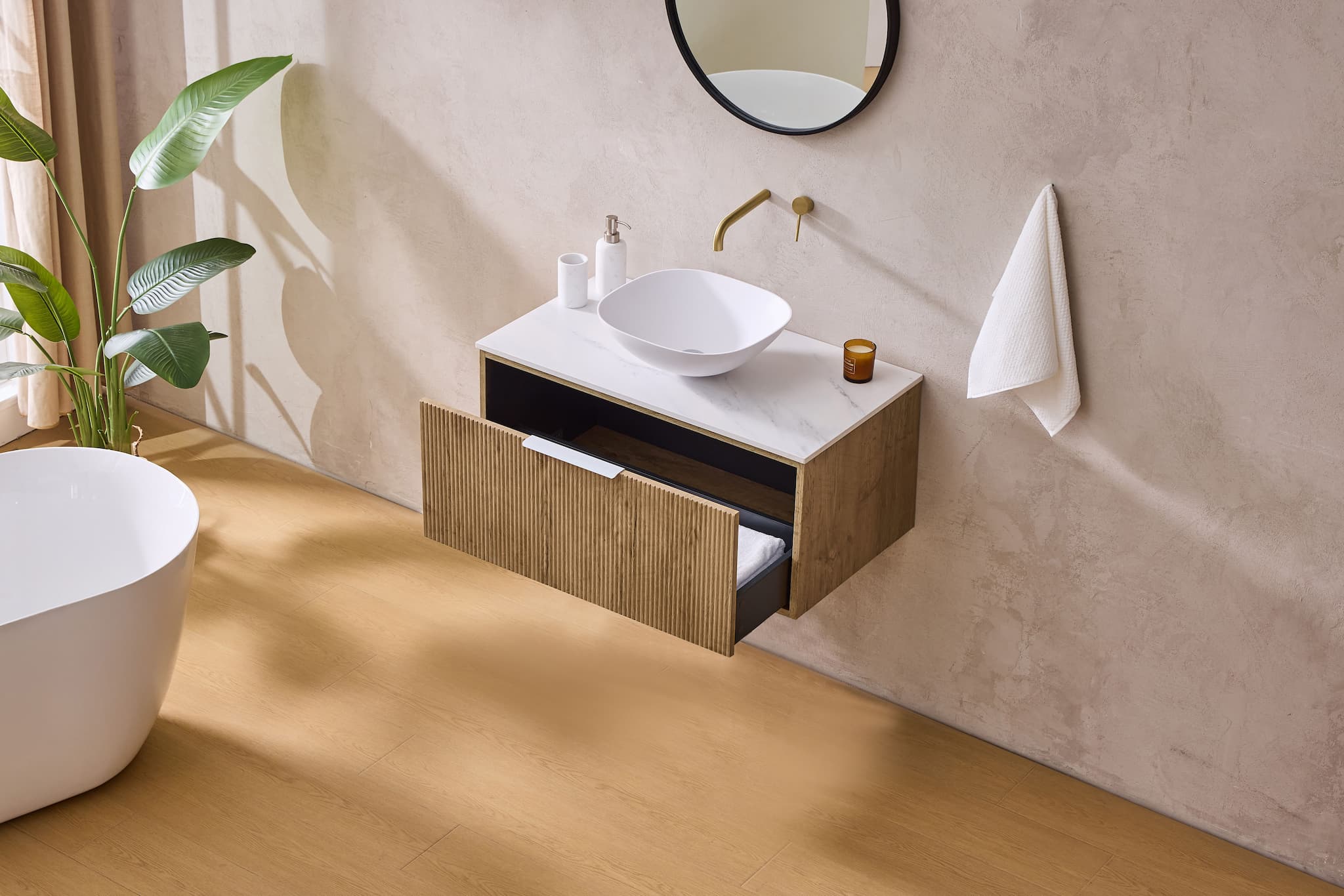 Modern oak floating bathroom vanity with open drawer storage, vessel basin and marble top by Secasa Home