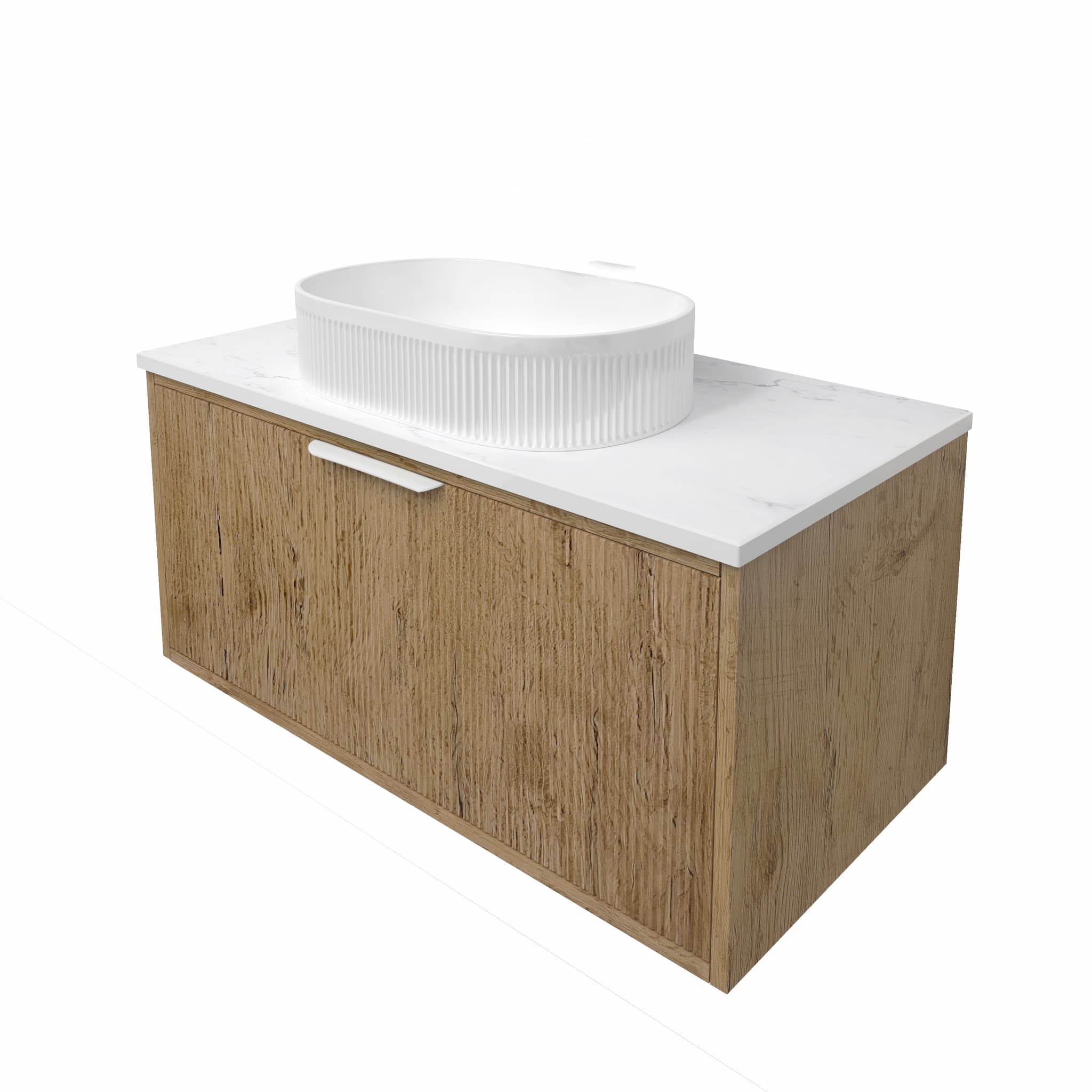 Modern oak bathroom vanity with white stone top and oval basin from Secasa Home