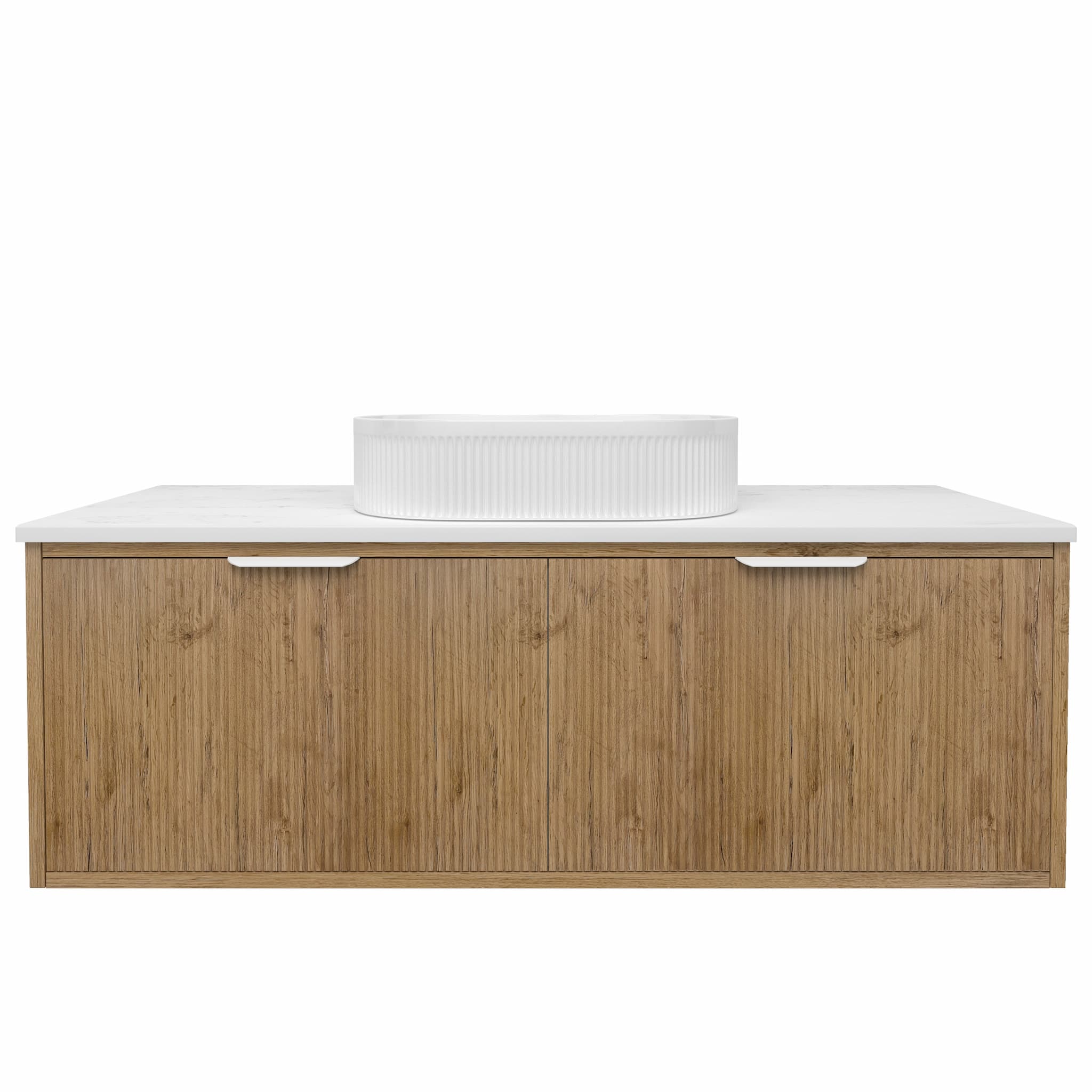 Modern oak wall-hung bathroom vanity with white textured basin, Secasa Home