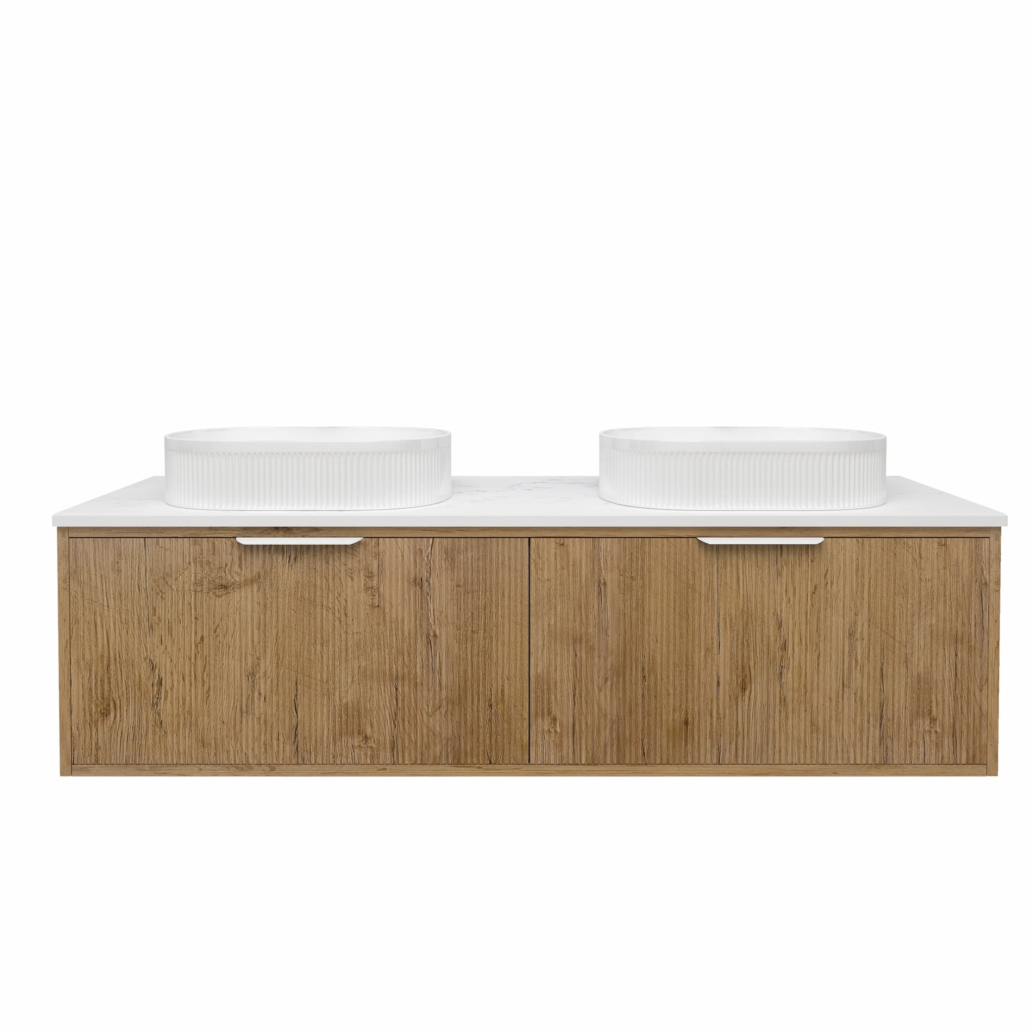 Modern oak wall-hung bathroom vanity with double white basins, Secasa Home