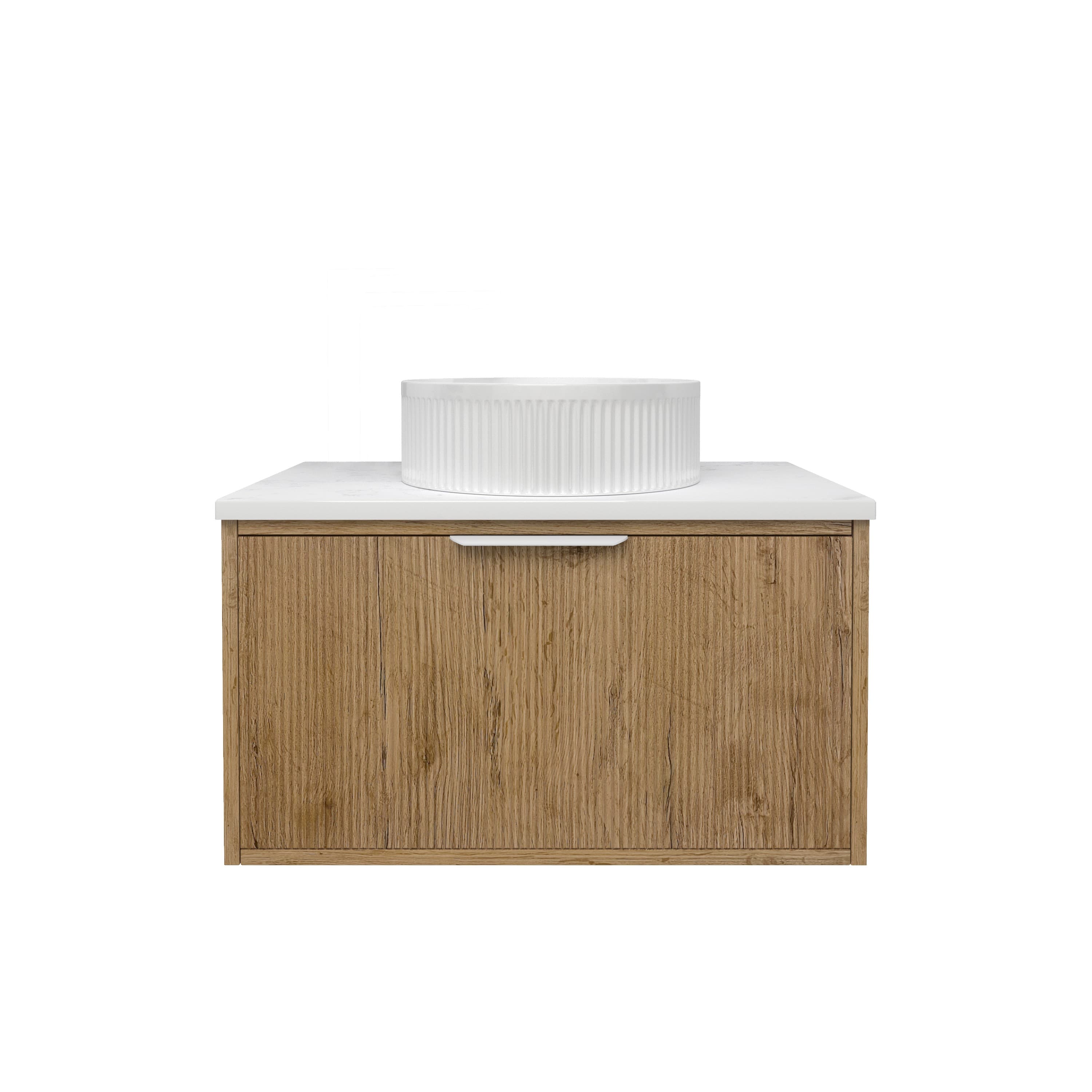 Modern oak wall hung bathroom vanity with white countertop and round fluted basin