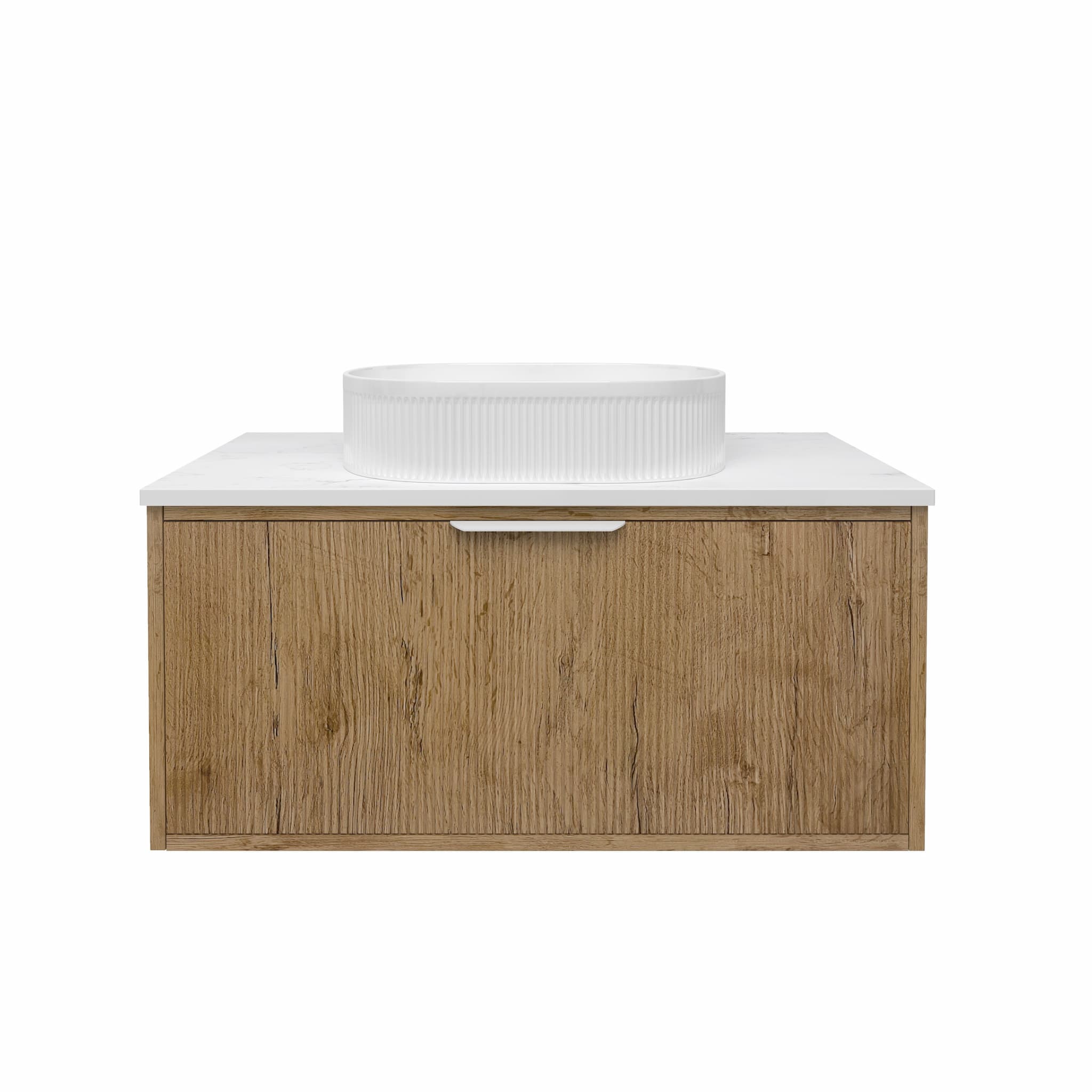 Oak wall-hung bathroom vanity with white countertop and modern ribbed basin
