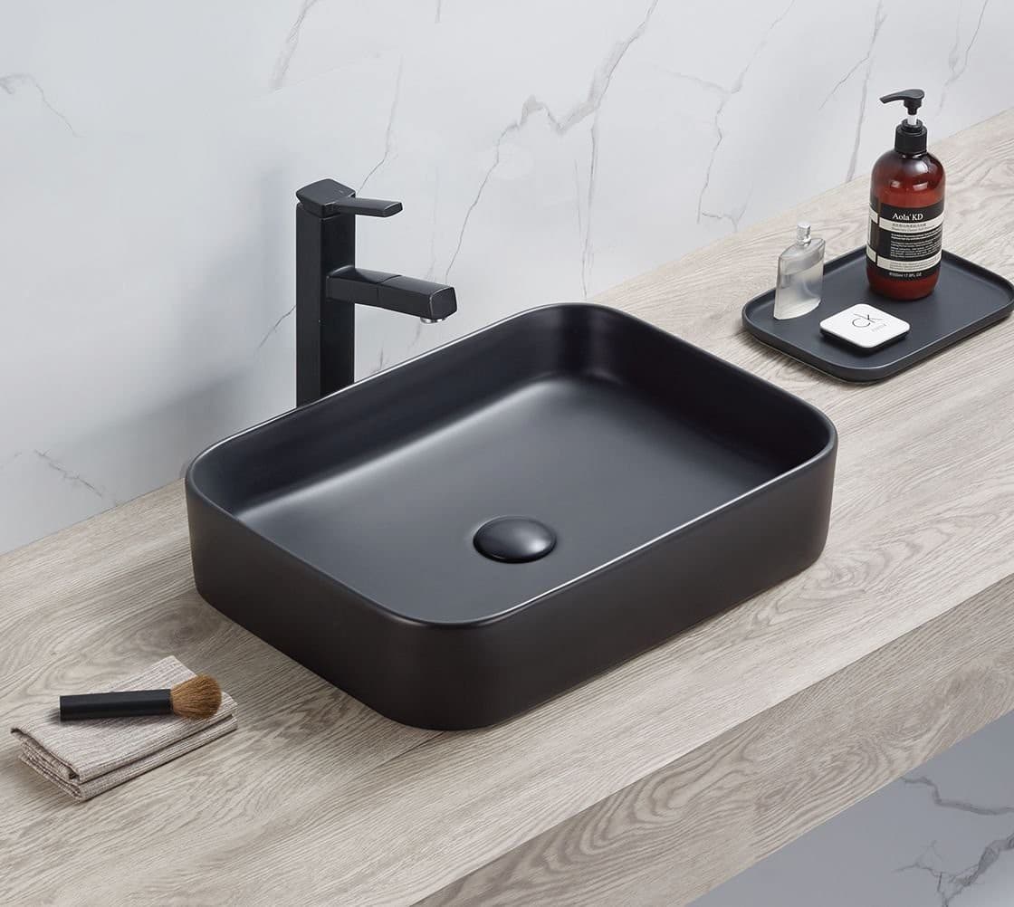 Modern matte black rectangular above-counter basin on wood vanity with tapware, Secasa Home