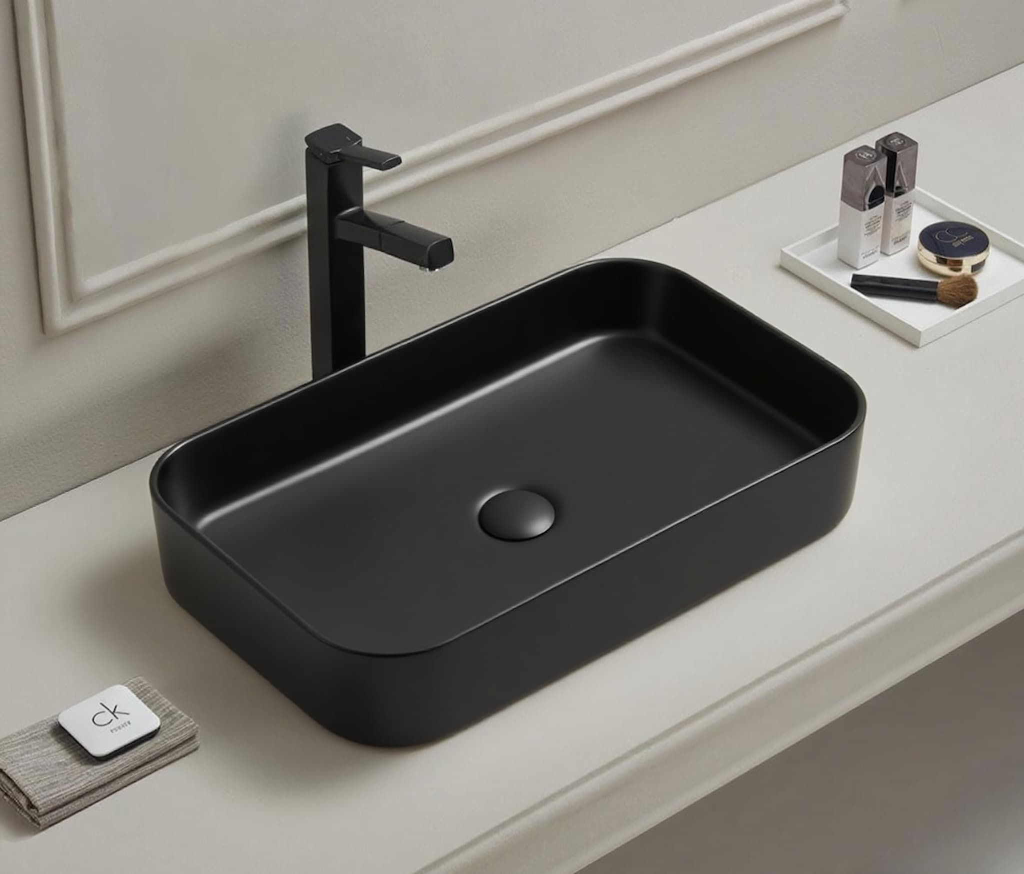 Modern matte black rectangular above counter basin with faucet on bathroom vanity, Secasa Home