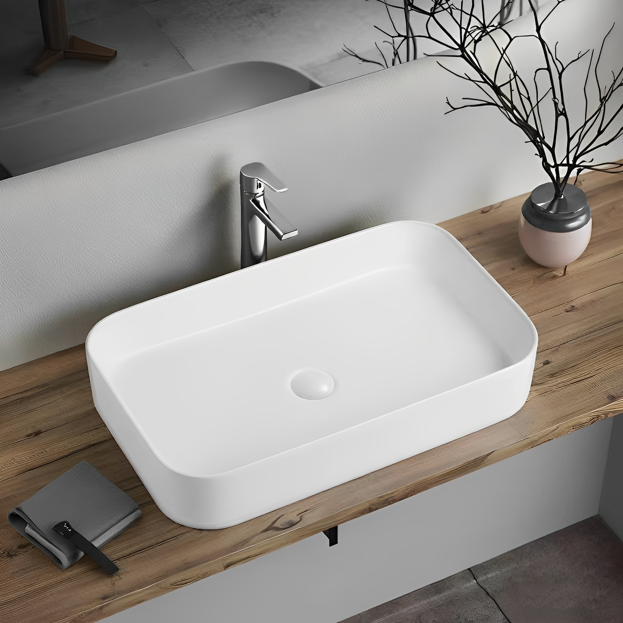 Modern rectangular white above counter basin on wood vanity with chrome tap, Secasa Home