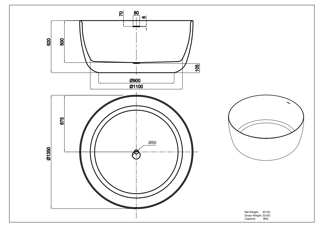 Lukka Olley round bathtub dimension drawing 1350 x 1350 x 620mm