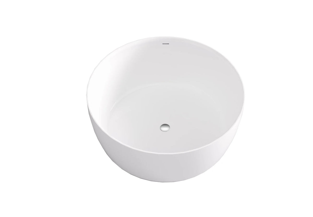 Lukka Olley round freestanding bathtub elevated overhead view showing waste and overflow