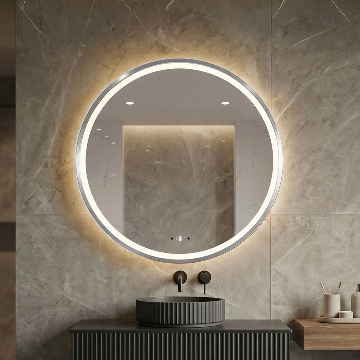 Lukka Orbis framed LED round bathroom mirror – lifestyle view