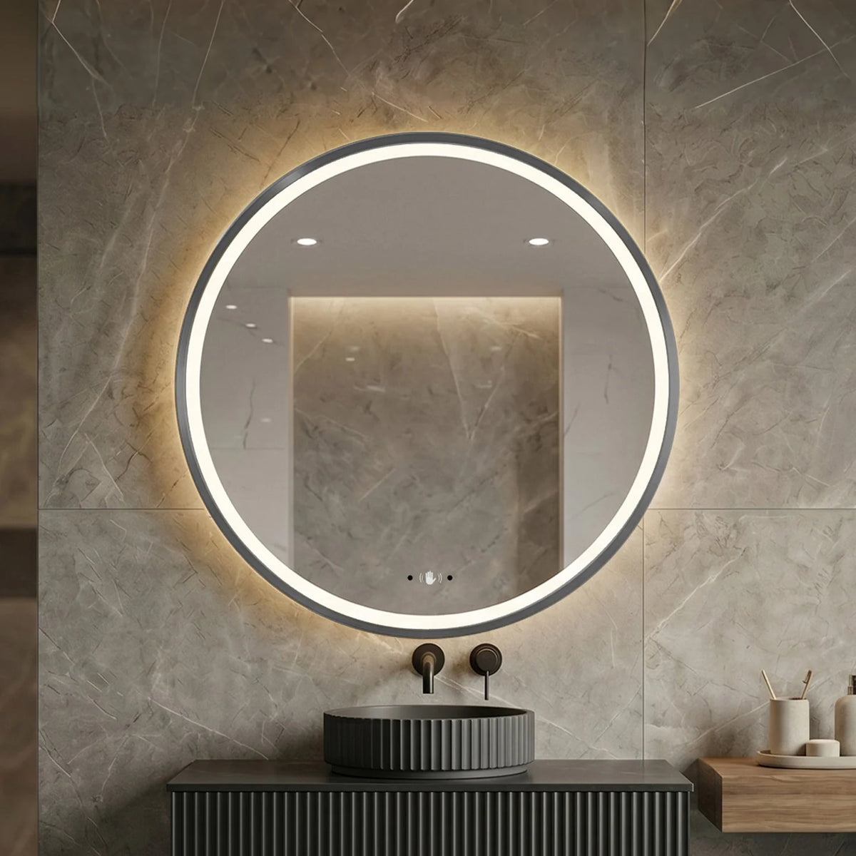 Lukka Orbis framed LED round bathroom mirror – lifestyle view