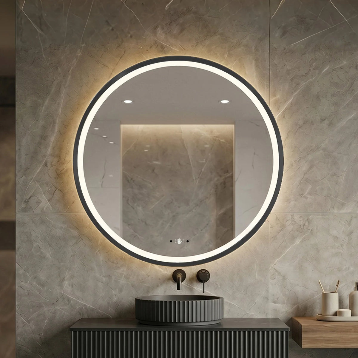 Lukka Orbis framed LED round bathroom mirror – lifestyle view
