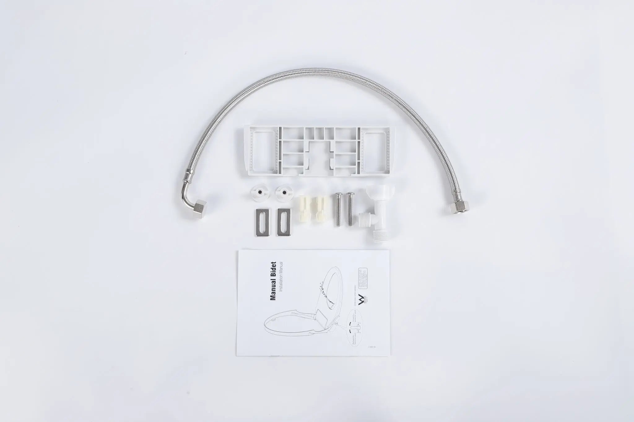 Contents of Lukka Procida bidet seat installation kit including hoses and brackets