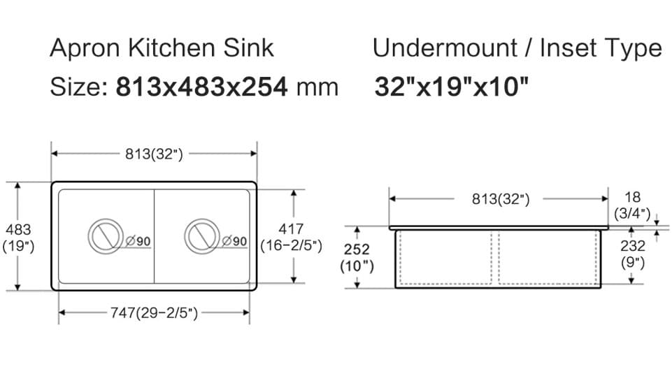 Lukka Procida fireclay double kitchen sink dimensions, apron design, 813x483x254 mm, Secasa Home