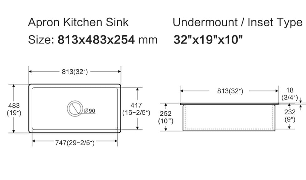 Lukka Procida fireclay single apron kitchen sink dimensions diagram, 813x483x254mm, undermount style.