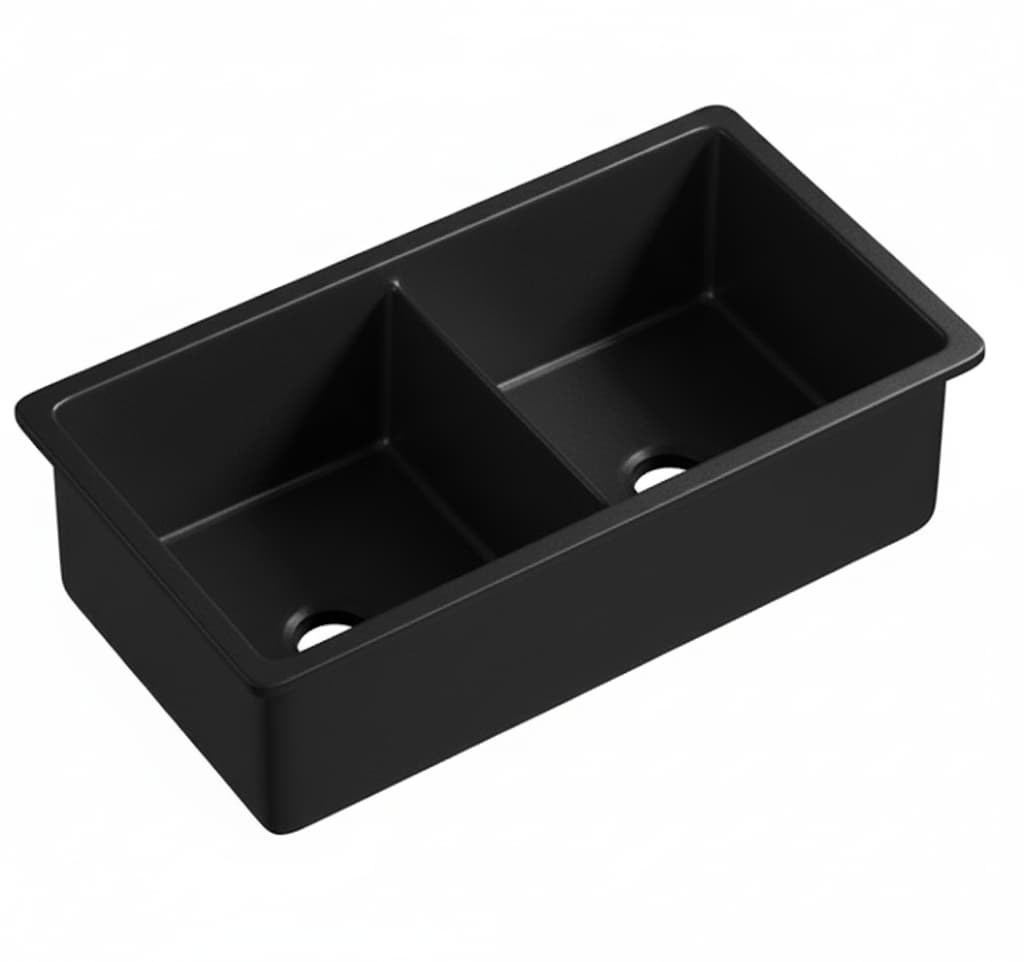 Matte black double bowl fireclay kitchen sink, modern design from Secasa Home