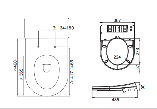 Technical dimensions diagram for Lukka Procida D-shape bidet seat fitment guide