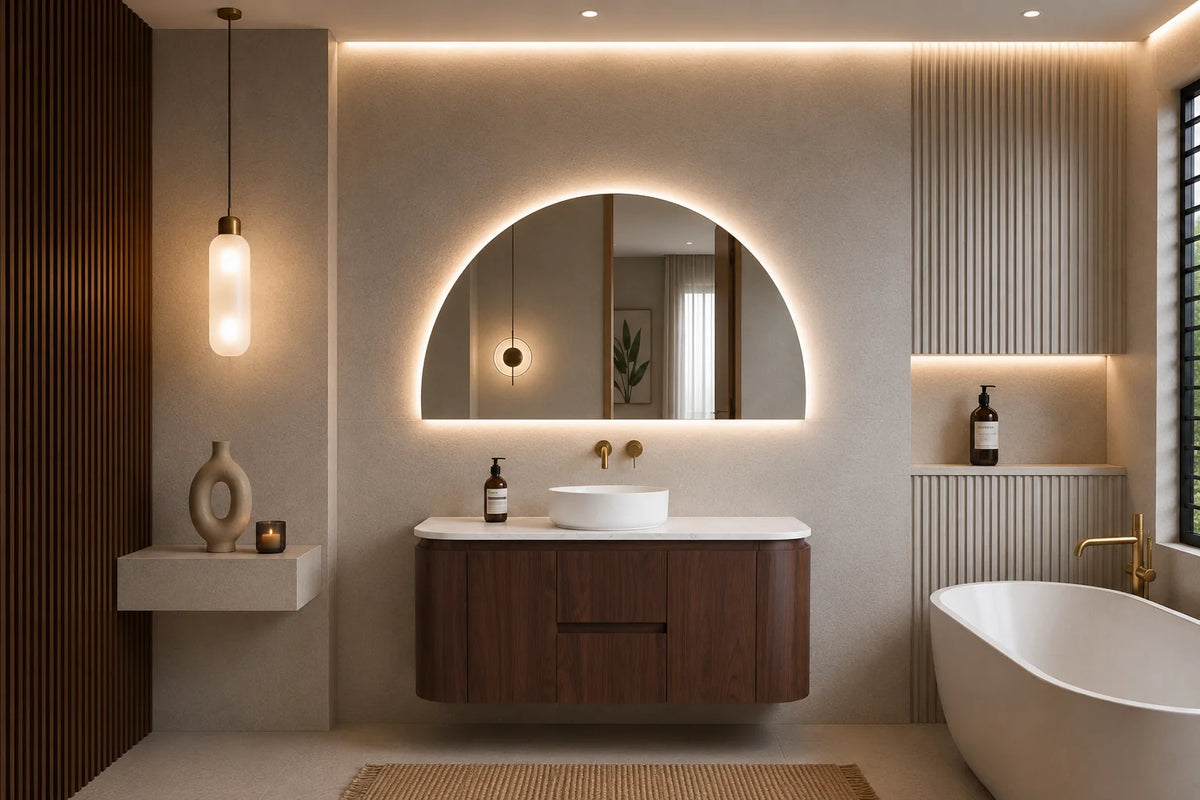 Lukka Ravello 1200mm Mocha Oak plywood wall hung vanity detail view; top and basin sold separately