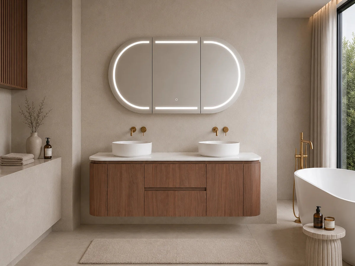 Lukka Ravello 1500mm Mocha Oak plywood wall hung vanity bathroom setting; top and basin sold separately