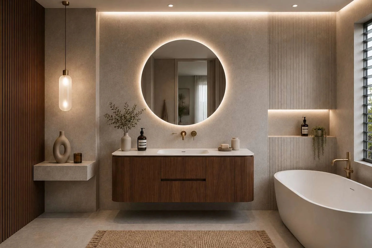 Lukka Ravello 1500mm Mocha Oak plywood wall hung vanity detail view; top and basin sold separately