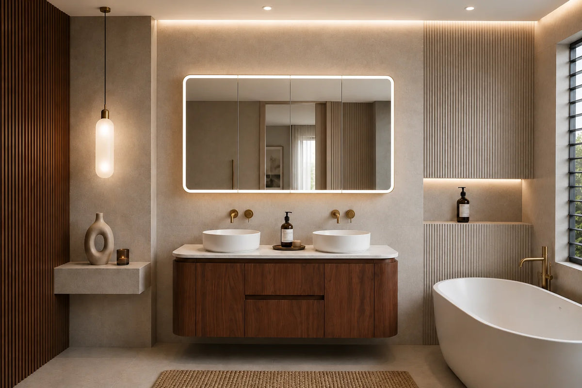 Lukka Ravello 1500mm Mocha Oak plywood wall hung vanity detail view; top and basin sold separately