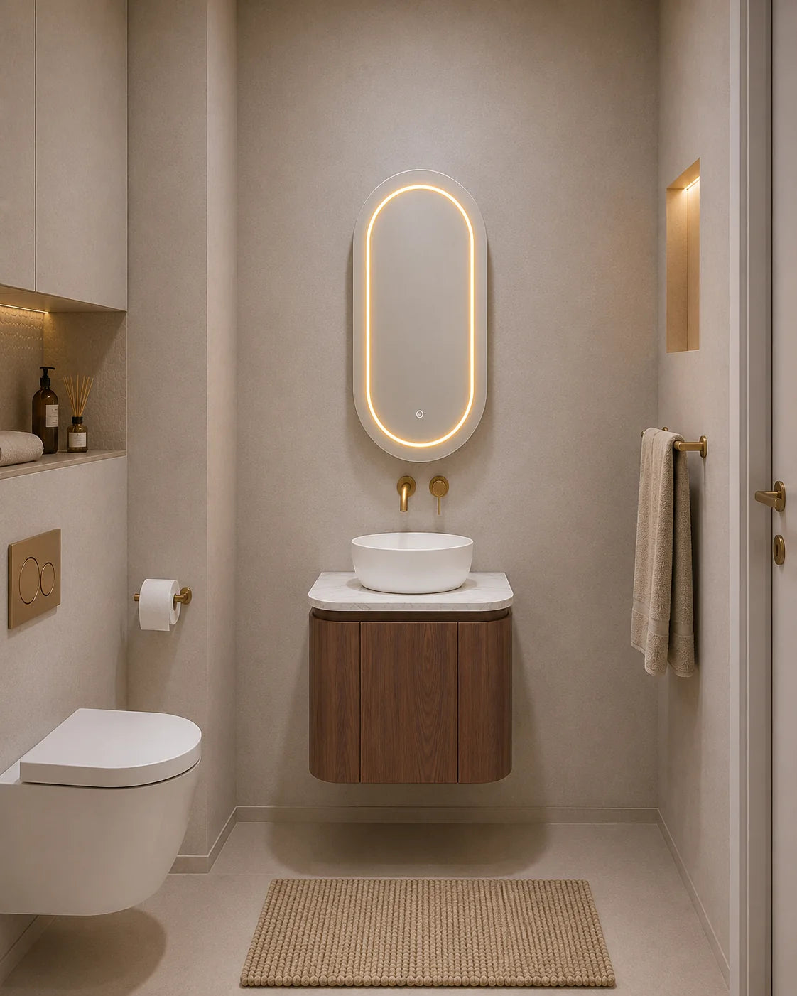 Lukka Ravello 600mm Mocha Oak plywood wall hung vanity bathroom setting; top and basin sold separately