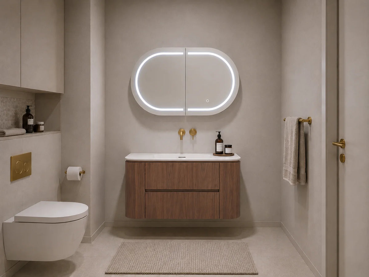 Lukka Ravello 900mm Mocha Oak plywood wall hung vanity bathroom setting; top and basin sold separately