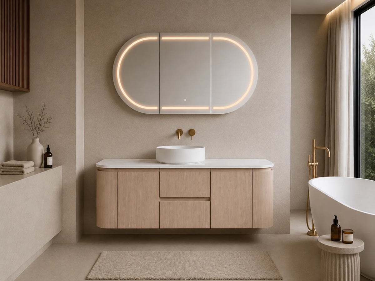 Lukka Ravello 1200mm Sandy Oak plywood wall hung vanity bathroom setting; top and basin sold separately