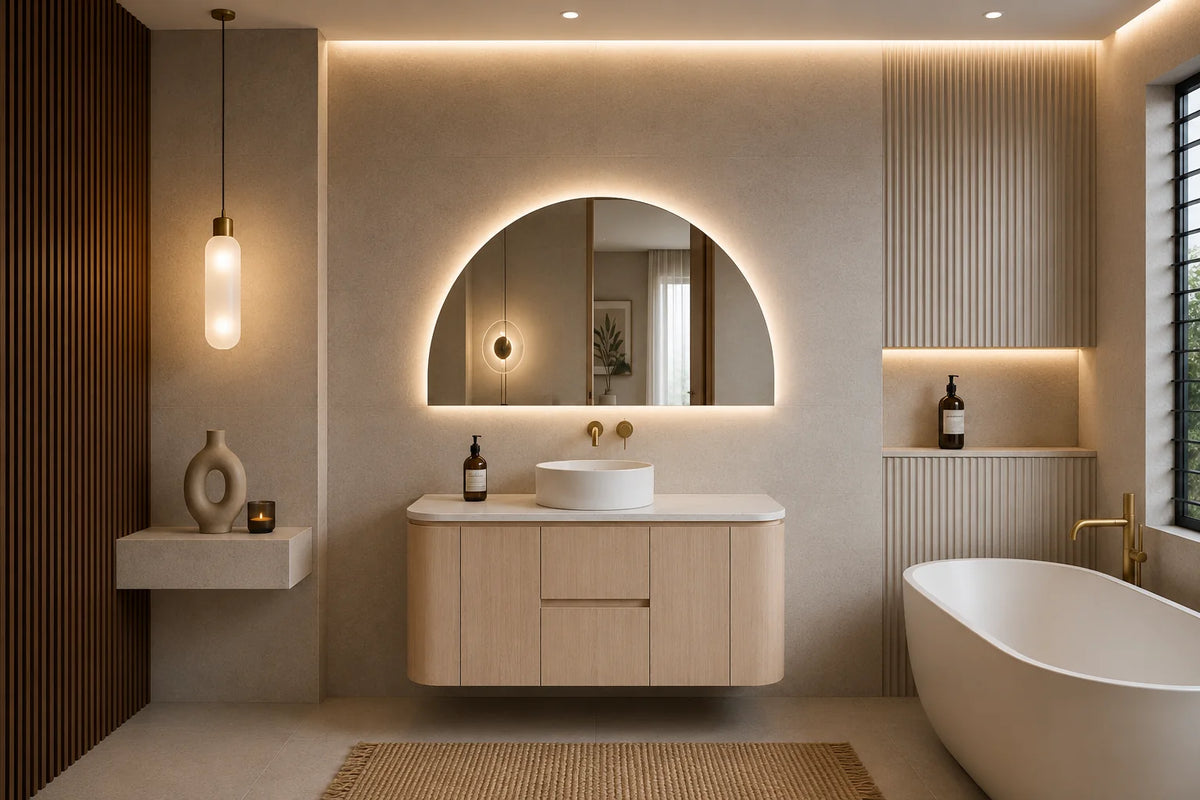 Lukka Ravello 1200mm Sandy Oak plywood wall hung vanity detail view; top and basin sold separately